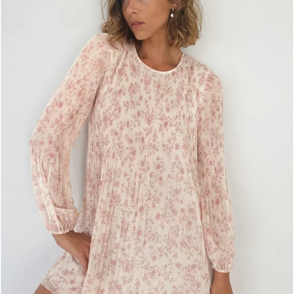 WILFRED ARITZIA Daydreamer Mini Chiffon Pleat Mini Babydoll Dress Bone M $158